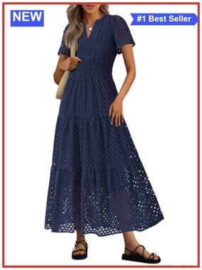 Women's Cotton Eyelet Maxi Dress V-Neck Short Sleeve A-Line Ruffle Boho